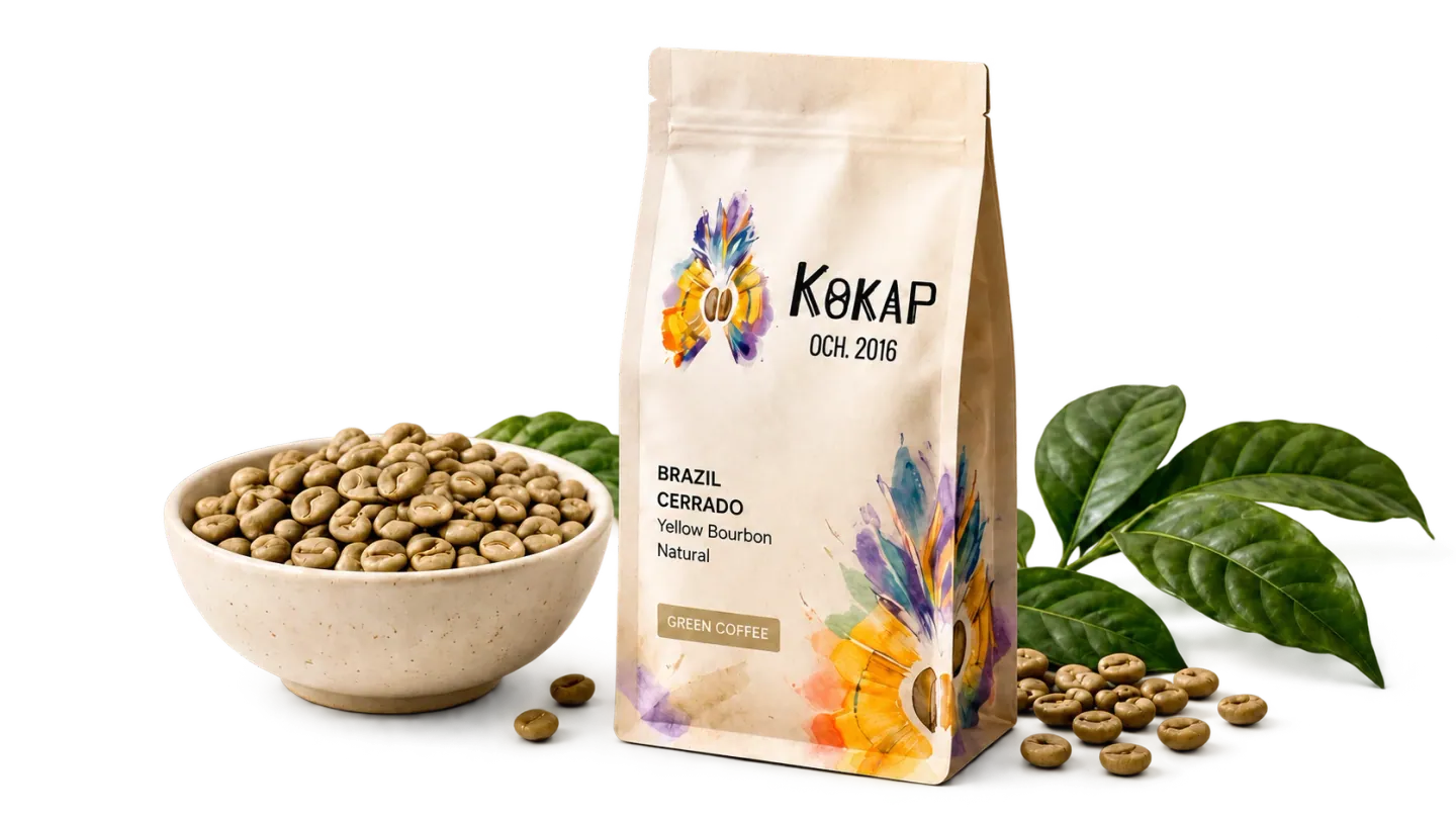 Упаковка Кокар для кофе, миска с зелёным кофе и листья