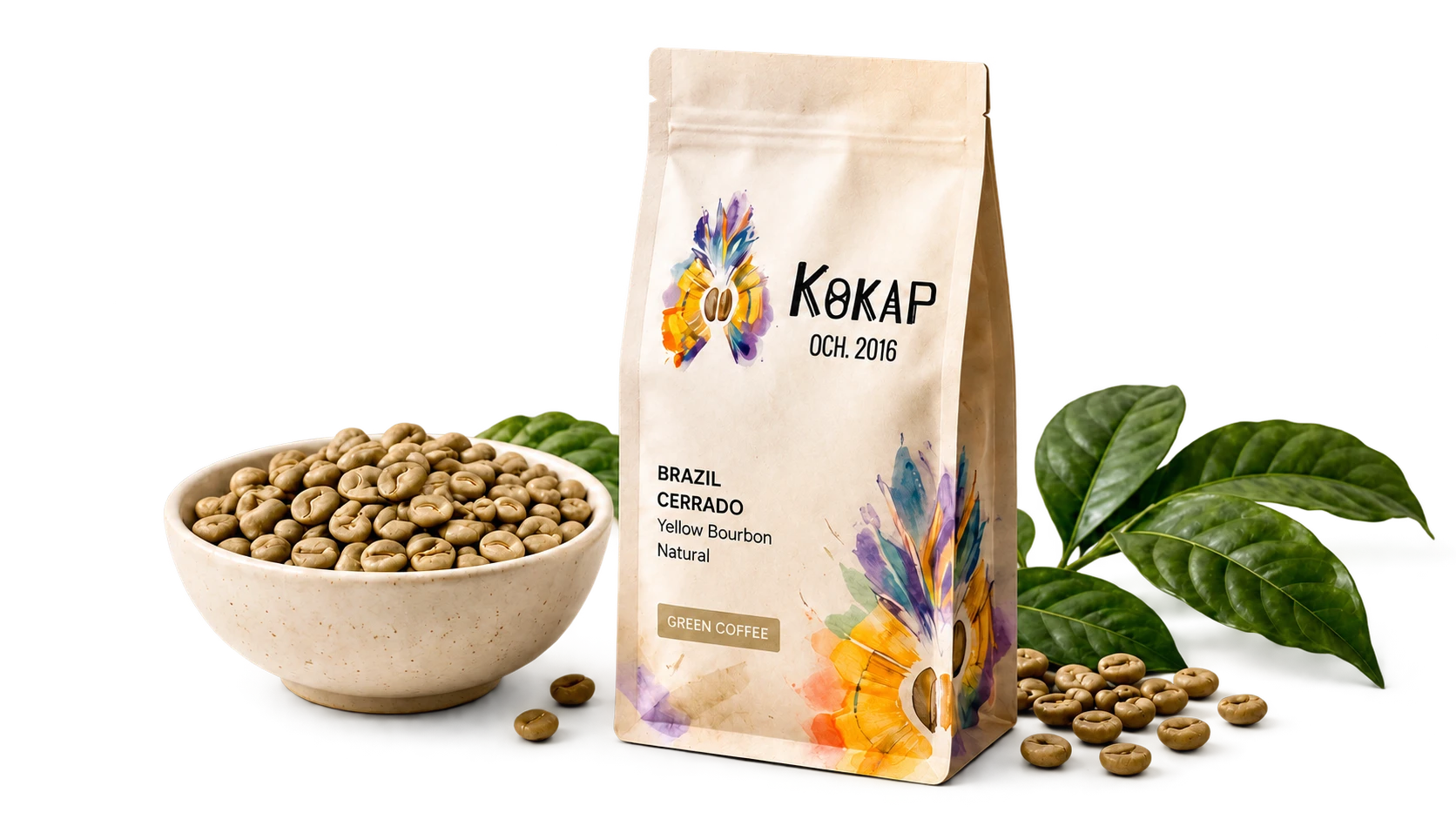 Упаковка Кокар для кофе, миска с зелёным кофе и листья